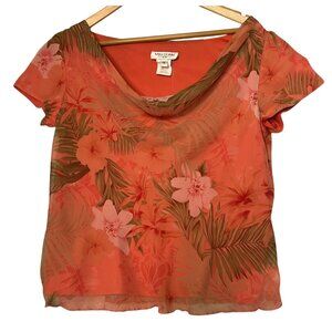 Miss Dorby Women's Size 10 Fairy-Floral Short Sleeve Blouse Sheer Overlay Orange